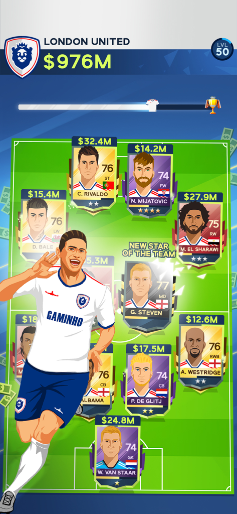 Soccer team management interface in Idle Eleven showing player cards with high market values and total club earnings
