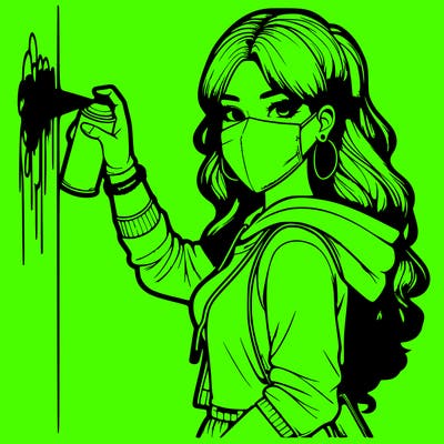 realistic girl with mask spray painting a wall