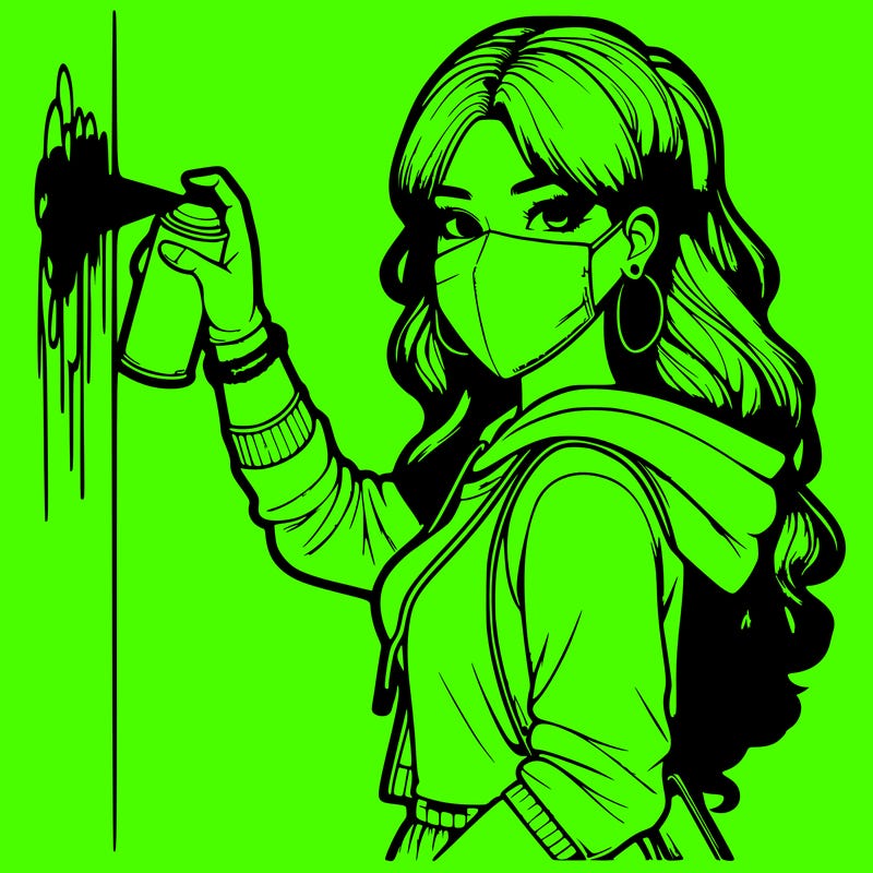 realistic girl with mask spray painting a wall