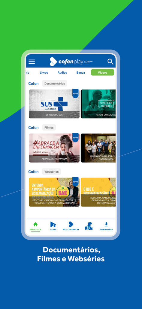 Interface of Cofenplay app showing documentaries and films for nursing professionals