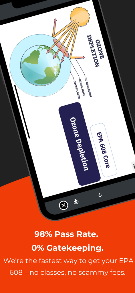 SkillCat: EPA 608, HVAC & more - SkillCat mobile app interface showing a lesson on ozone depletion for the EPA 608 certification