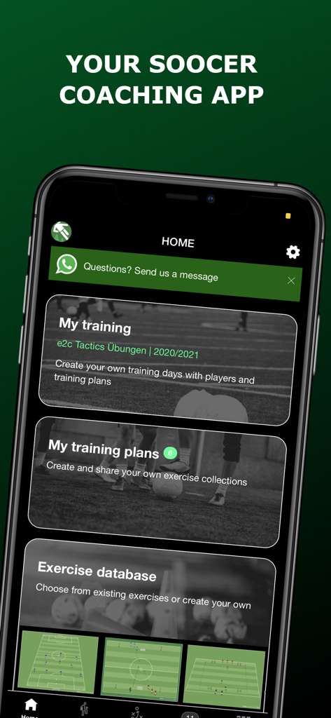 Home screen of the easy2coach soccer training app showing training plans and exercise database