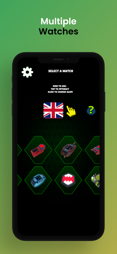 Omni-Watch 3D: Watch Simulator - A menu screen displaying multiple 3D alien watches to select from in the simulator app.