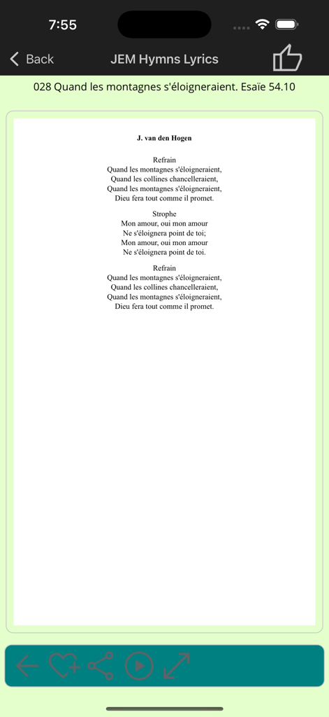 Lyrics of a French hymn shown in the JEM Hymns mobile application