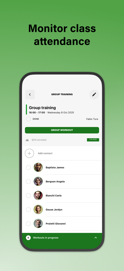 Interfaccia dell'app Mywellness per Professionisti per monitorare la partecipazione alle lezioni di gruppo e gestire i partecipanti.