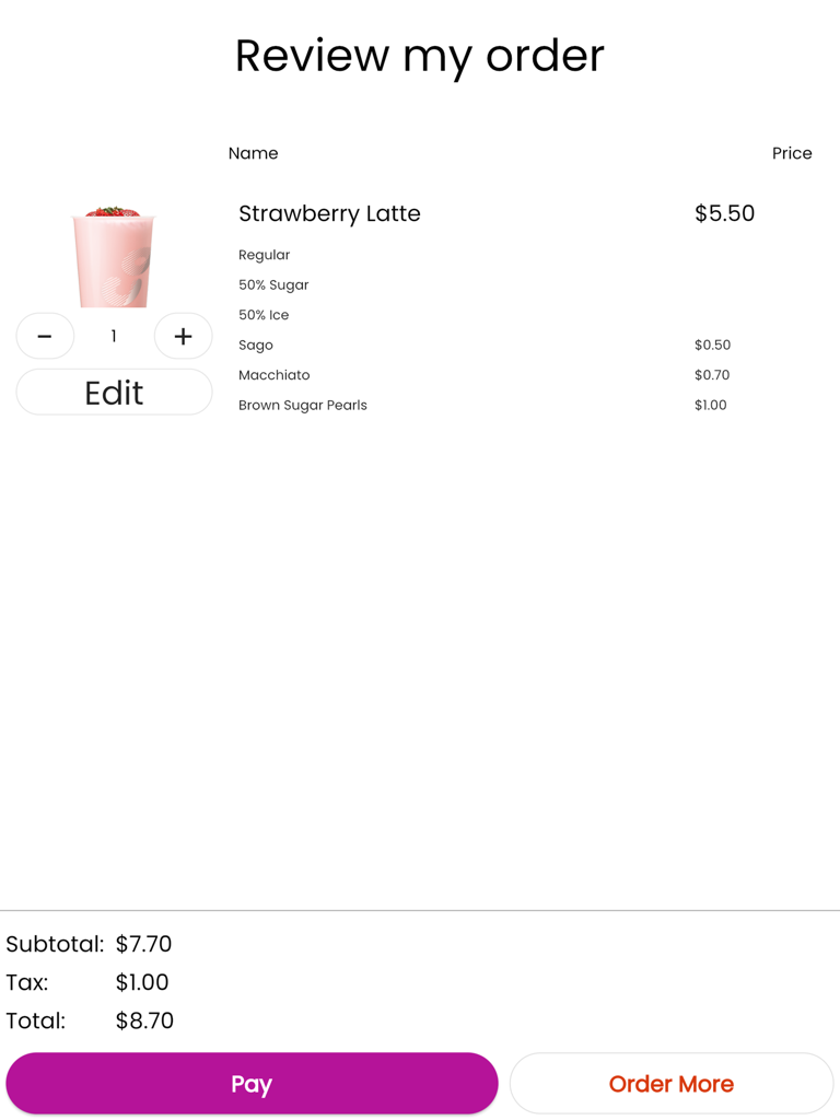 Order summary screen for a strawberry latte on the Snappy POS Kiosk app