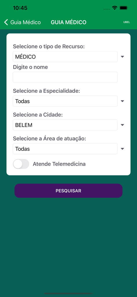 Pantalla de búsqueda de profesionales médicos y especialidades en la aplicación Unimed Belém que incluye filtros por ciudad y telemedicina.