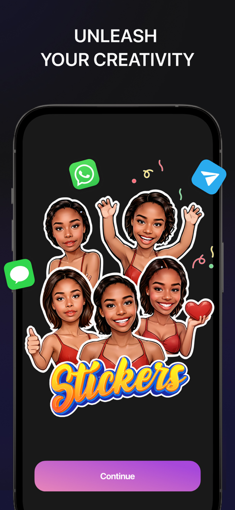 Vity-App-Bildschirm, der personalisierte KI-Sticker-Pakete aus Fotos für Messaging-Apps wie WhatsApp und iMessage zeigt