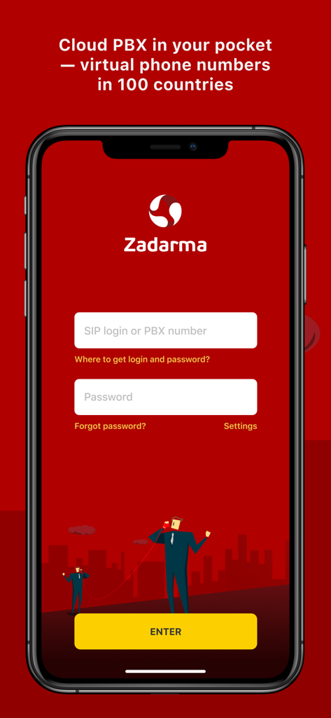 Pantalla de inicio de sesión de la aplicación Zadarma que muestra opciones de PBX en la nube y número de teléfono virtual en 100 países