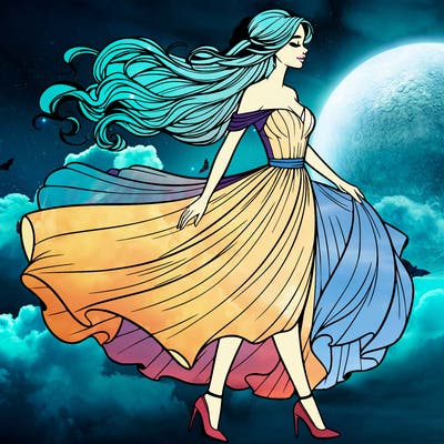 realistic woman in a dress flowing in the wind