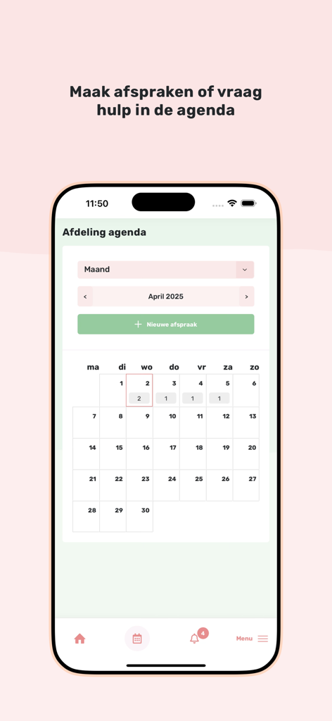 Familynet - Familynet app calendar interface for managing care facility appointments and help requests