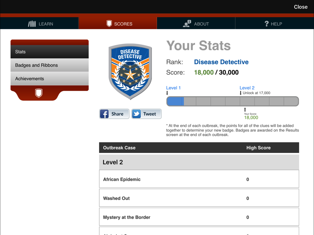 Solve the Outbreak - Statistics screen of Solve the Outbreak app showing Disease Detective rank and level progression