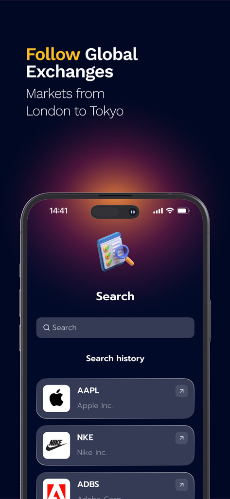 Stock Trading Online - Search screen for global stock markets featuring recent searches for Apple and Nike stocks.