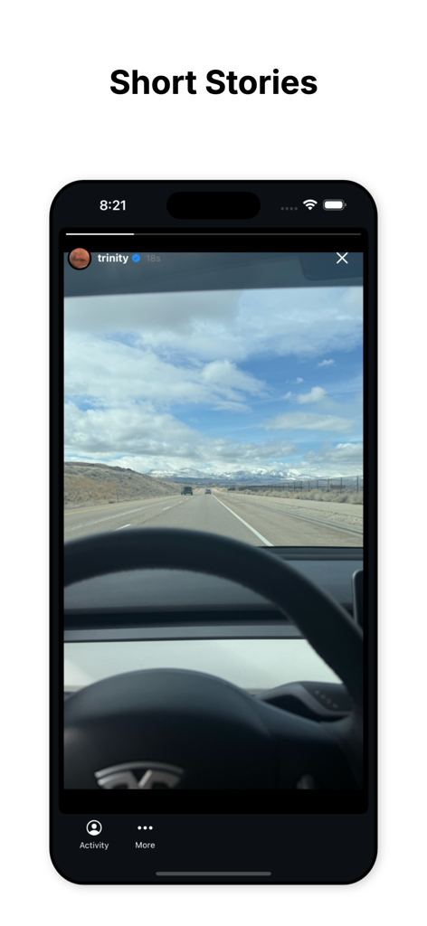 Trinity Social - Trinity Social app displaying a short story video of a scenic road trip through mountains.