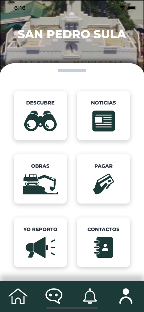 Main menu of the Soy SPS plus app showing options for news municipal payments city works and reporting