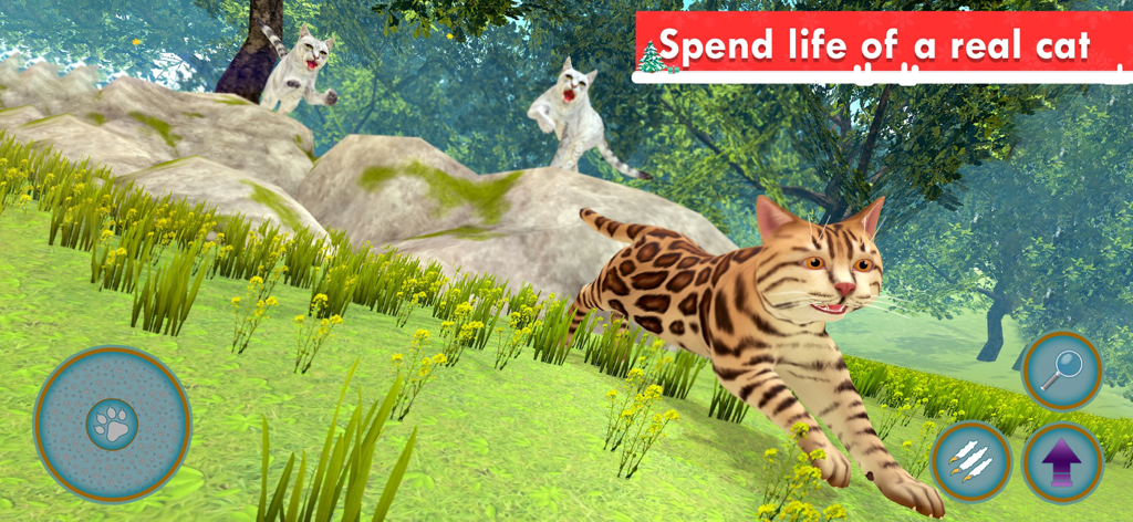 My Cat: Virtual Cat Simulator - Un gato de Bengala corriendo por un campo verde del bosque en el juego simulador de gatos virtual