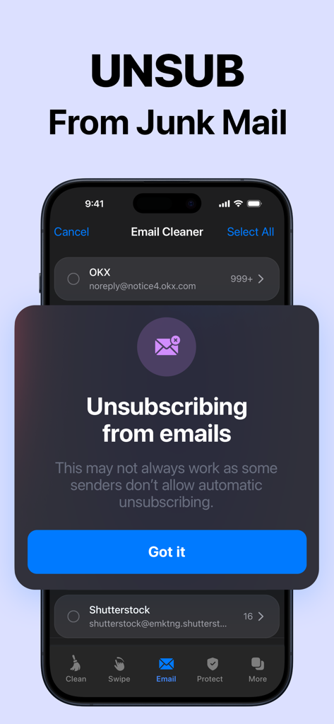Cleaner Kit app interface showing the email cleaner feature for unsubscribing from junk mail