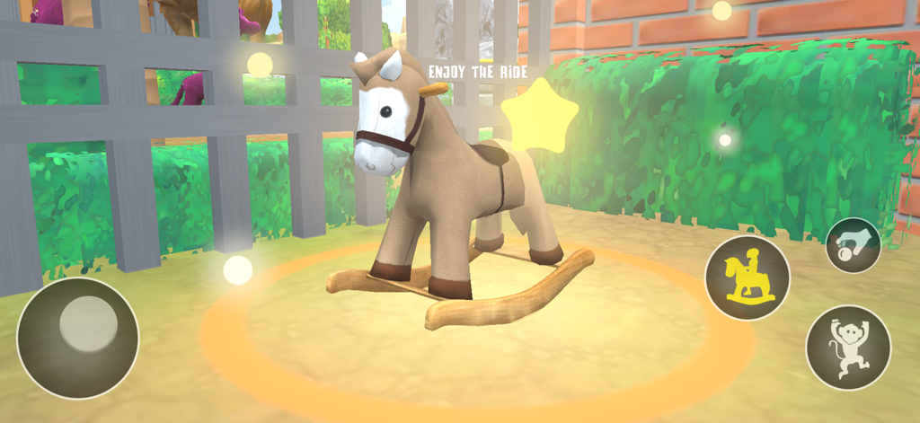 Crazy Monkey Zoo Survival Game - Captura de tela da jogabilidade mostrando um cavalo de balanço dentro do recinto do zoológico de Crazy Monkey Zoo Survival Game.