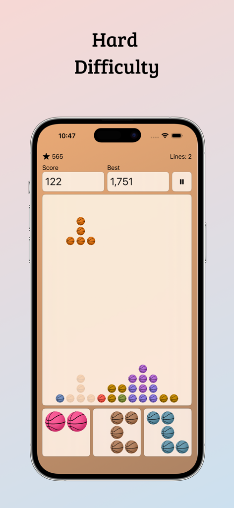 Falling Blocks puzzle game gameplay showing hard difficulty with basketball themed blocks on an iPhone screen