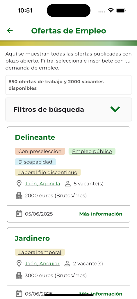 Interfaz de la app móvil SAE mostrando ofertas de empleo para un delineante y un jardinero en Andalucía España