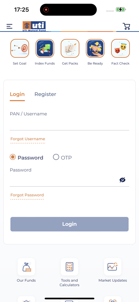 UTI Mutual Fund Invest online - Login screen of the UTI Mutual Fund app for NRI investors with secure access and goal tracking tools