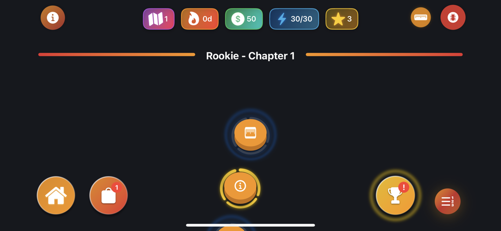 HeadsUpHockeyAI menu screen showing Rookie Chapter 1 with energy stars and currency stats