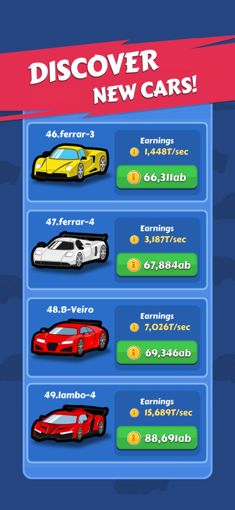 Merge Car - Idle Car Tycoon - Interface showing a list of unlockable luxury cars and their earnings per second in Merge Car Idle Tycoon