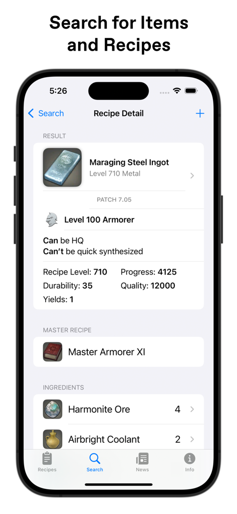 XIV Helper - Aplicación XIV Helper mostrando detalles de la receta de artesanía e ingredientes para Lingote de Acero de Maraging