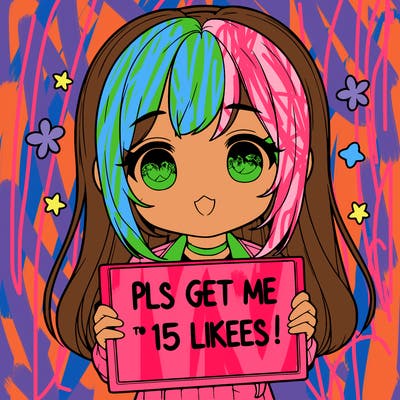 realistic girl holding up a sign that says “pls get me to 15 likes!”