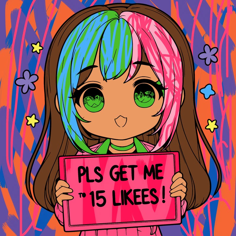 realistic girl holding up a sign that says “pls get me to 15 likes!”