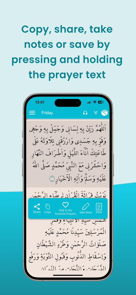 Daily Dua Readings app interface displaying Arabic prayer text and a feature menu for sharing and taking notes
