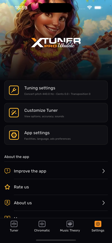 Settings screen of the XTuner PRO Ukulele app showing tuning and customization options.