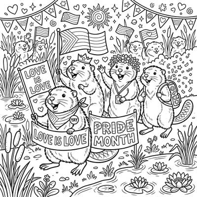 Dive into a heartwarming celebration with our Muskrats Pride Month coloring page, perfectly designed for teens. This engaging scene captures the spirit of love and diversity with adorable muskrats holding flags and banners.