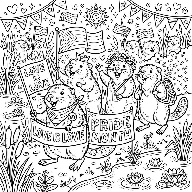 Dive into a heartwarming celebration with our Muskrats Pride Month coloring page, perfectly designed for teens. This engaging scene captures the spirit of love and diversity with adorable muskrats holding flags and banners.