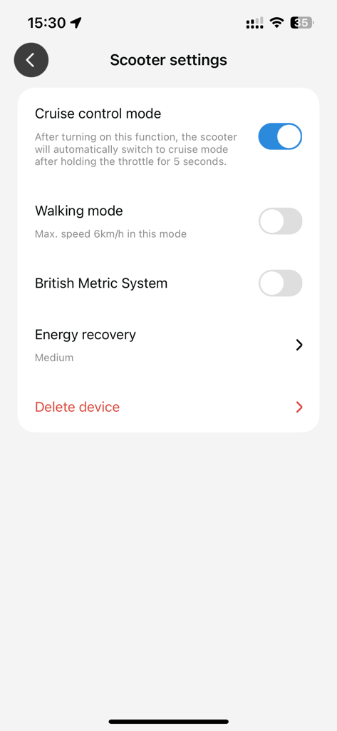 Proove - Scooter settings screen in the Proove app showing cruise control and walking mode toggles