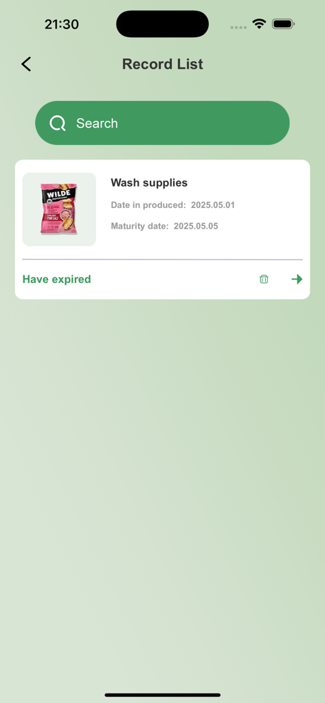 Shelf life information - Une capture d'écran de la liste des enregistrements de l'application Shelf Life montrant un article périmé avec les dates de production et de maturité.