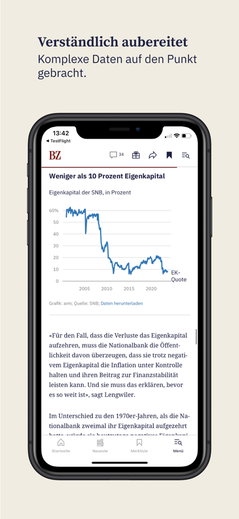 BZ Berner Oberländer - BZ Berner Oberlaender mobile app showing a professional news article with a financial data line graph