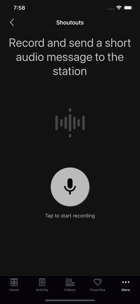 Interface de gravação de shoutouts para o aplicativo Music Radio 97.1 FM com um ícone de microfone e prompt de mensagem de áudio.