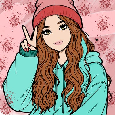 a teenage girl in a beanie, oversized sweatshirt, wavy long hair, and is showing a ✌️