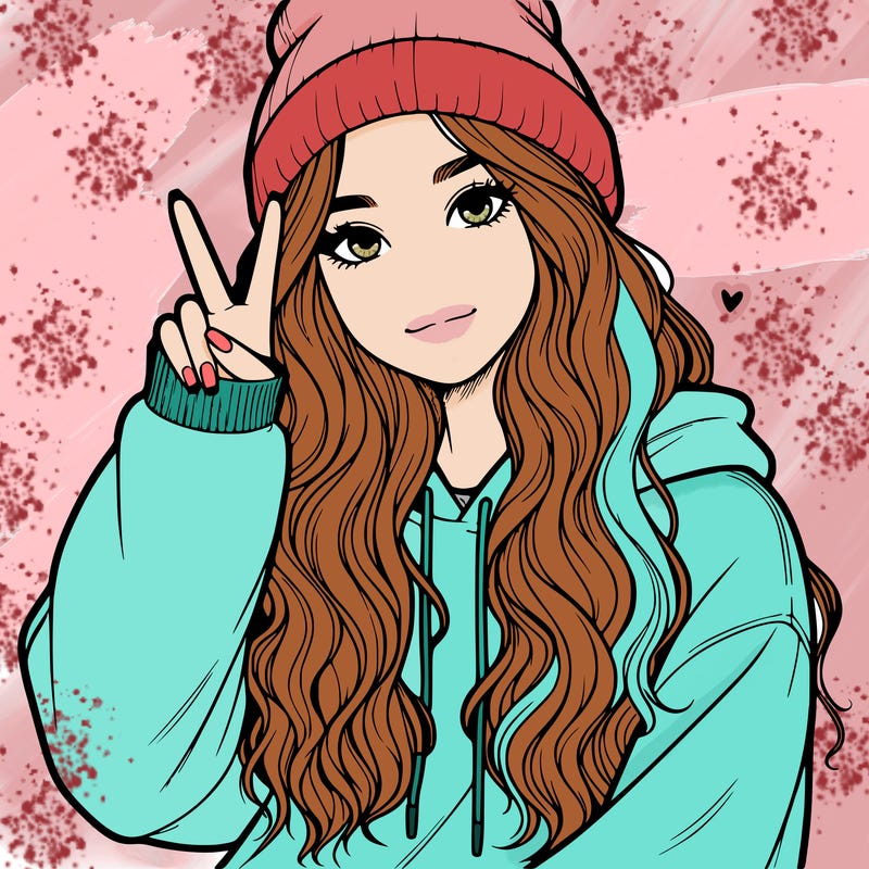 a teenage girl in a beanie, oversized sweatshirt, wavy long hair, and is showing a ✌️