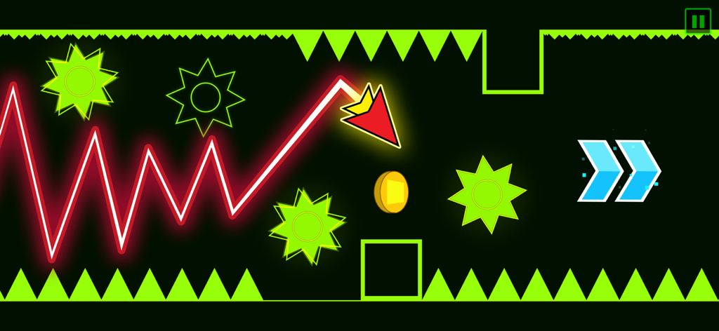 Seta vermelha desviando por um percurso de obstáculos verde neon em Wave Dash