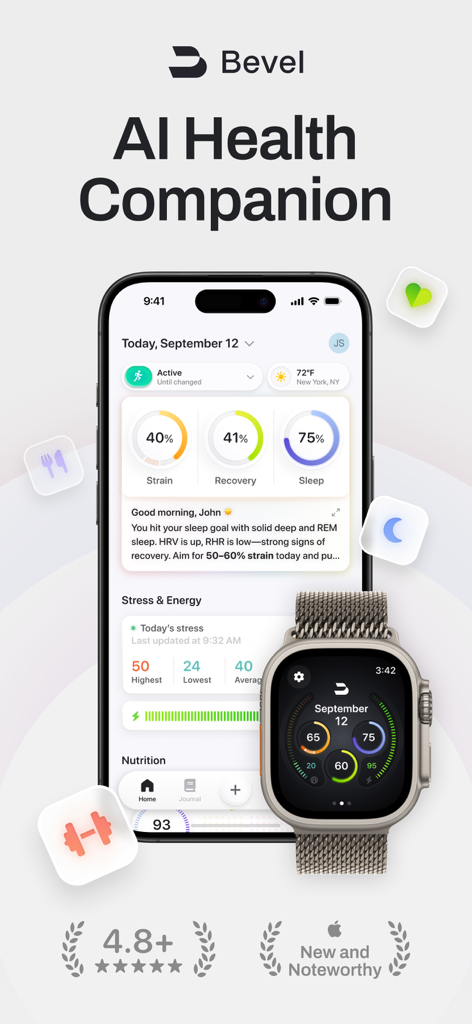 Bevel AI health app dashboard on iPhone and Apple Watch showing recovery sleep and strain metrics