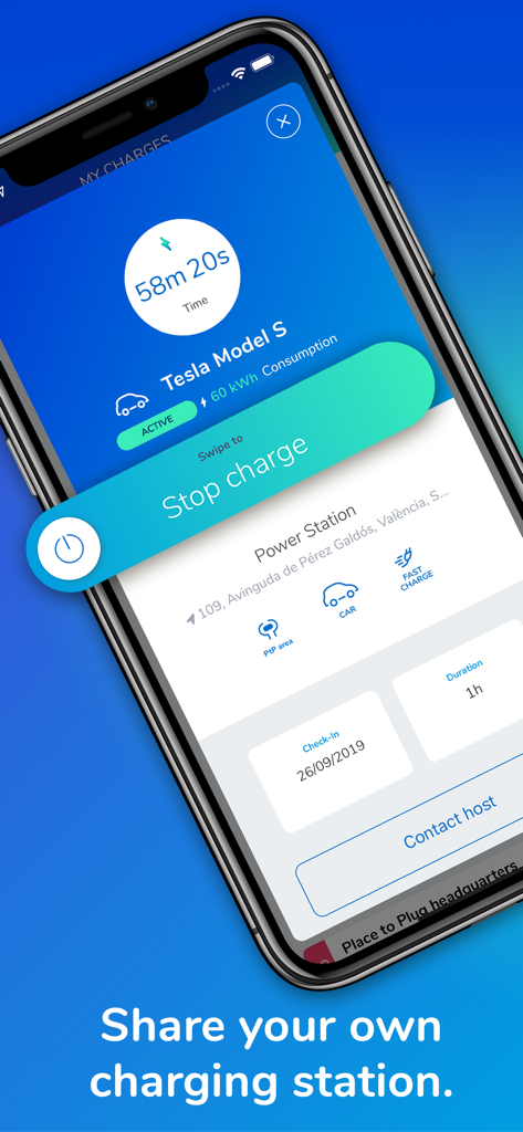 Oberfläche der Place to Plug App zeigt einen aktiven Ladevorgang für ein Tesla Model S mit einem Wisch-Button zum Stoppen