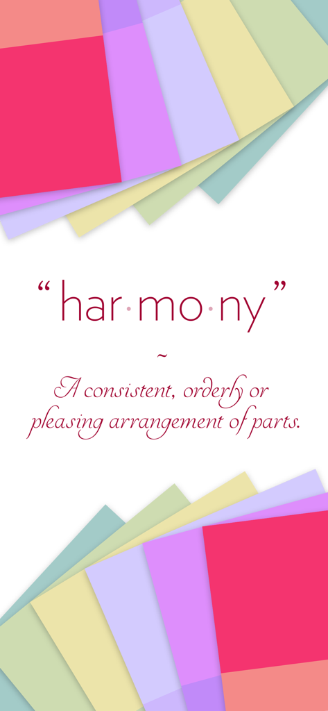 Einführungsbildschirm für harmony 3, der die Definition von Harmonie, umgeben von lebendigen Farbpaletten, anzeigt