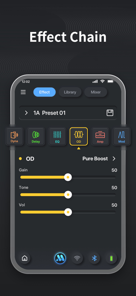 MOOER iAMP - MOOER iAMP app interface showing the effect chain with adjustable overdrive parameters like gain tone and volume