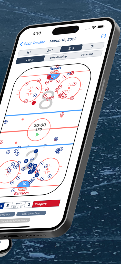 Shot Tracker app display of a hockey rink with shot locations and game data