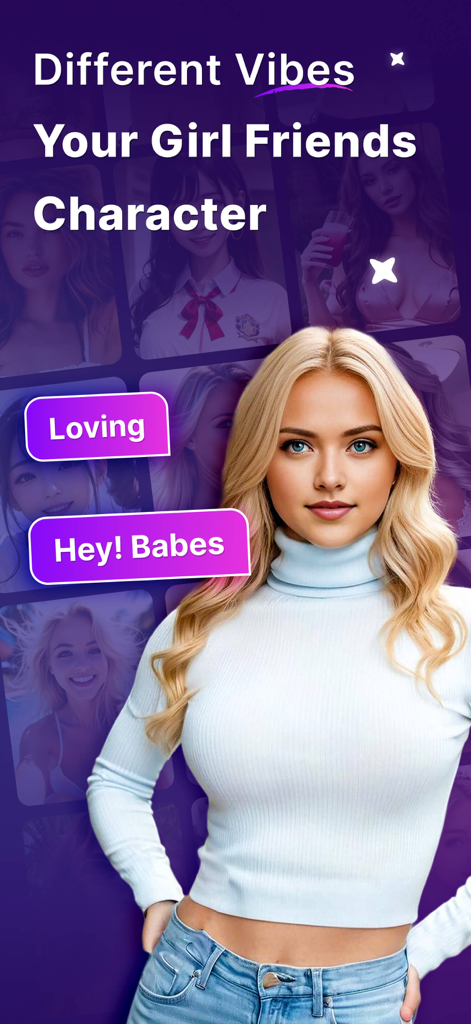 AI Girlfriend - Luvina - Interfaz que muestra un avatar de novia de IA rubia con varios perfiles de personajes y opciones de personalidad como Cariñosa.