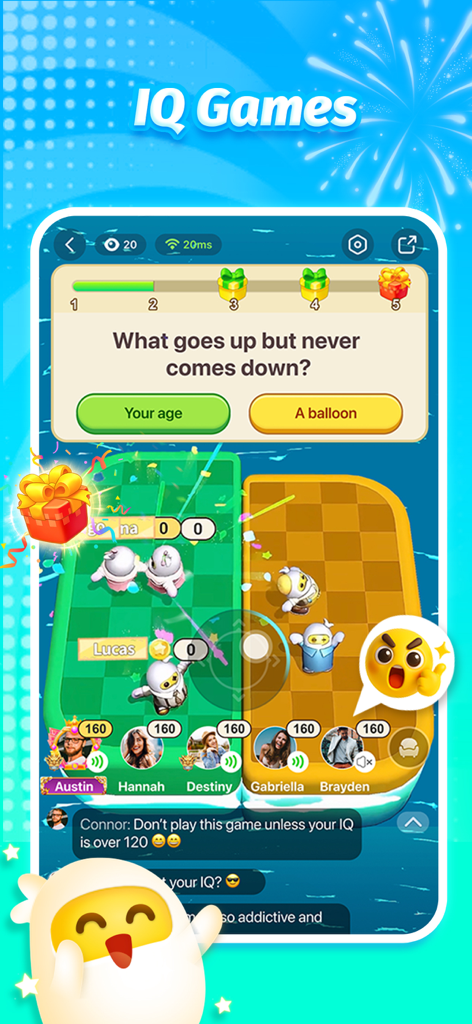 Interfaccia dell'app TopTop che mostra un gioco IQ multiplayer con un indovinello e avatar di giocatori live