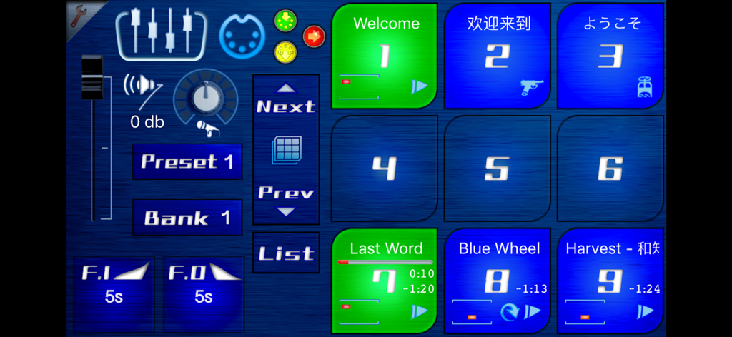 Interfaz principal de la aplicación CueZy 9 Pad Sampler mostrando nueve pads grandes de activación de sonido y ajustes de control de audio