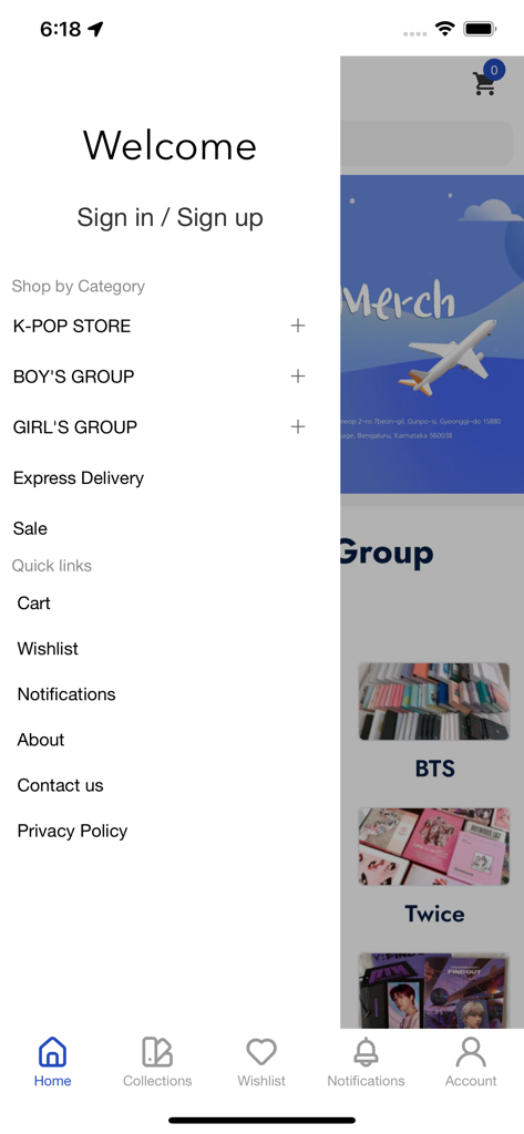 Kpopstore - Navigation menu of the Kpopstore app showing shopping categories and quick links